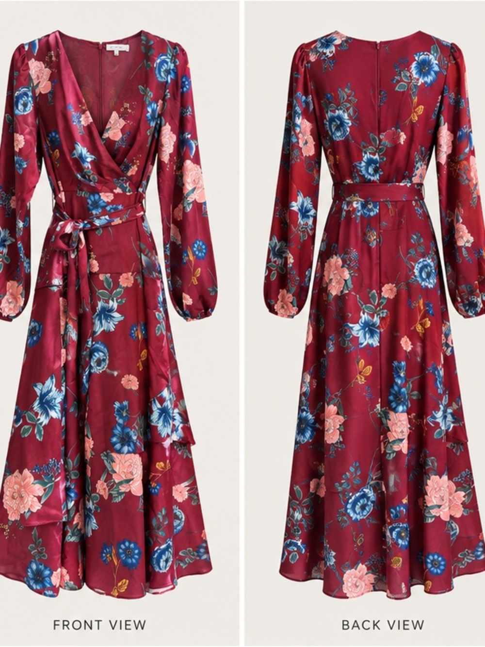Great Jones Burgundy Floral Wrap Maxi Tiered Dress with Pink and Blue Blooms sz